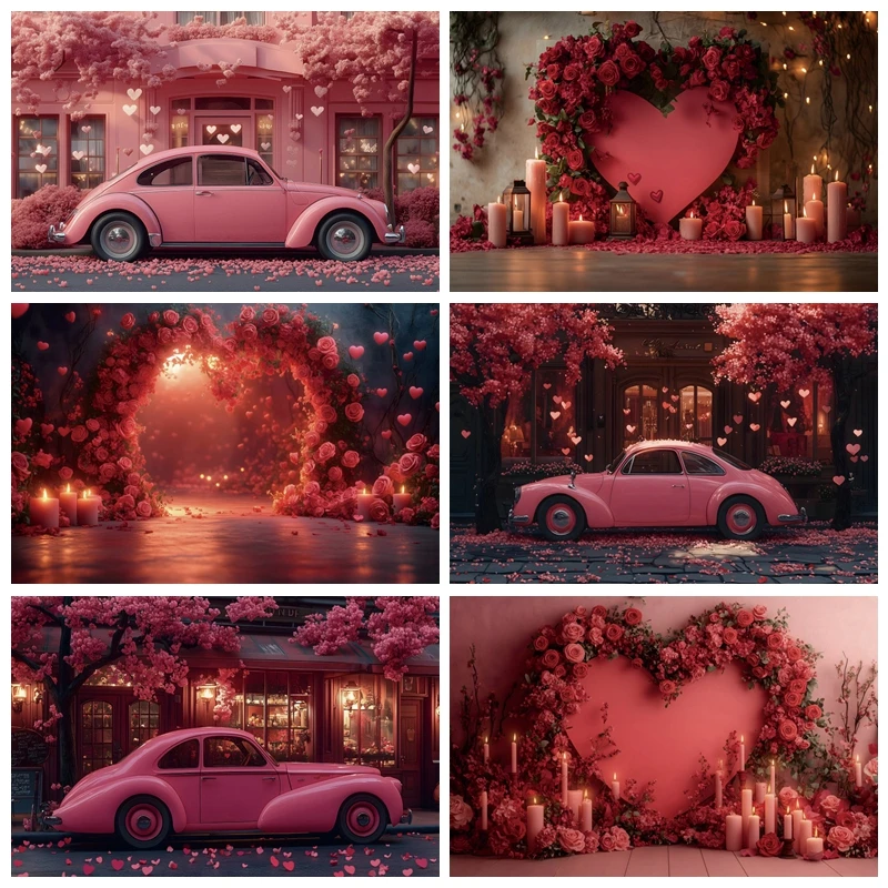 Pink Valentine's Day Happy Photography Background Romantic Car Candles Love Shaped Board Proposal Party Decoration Background