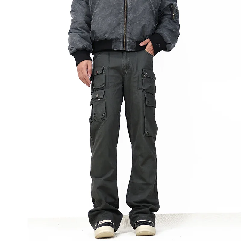 

American New Fashion Vintage High Street Men's Grey Black Solid Color Casual Trendy Multi Pocket Straight Washed Trousers Male