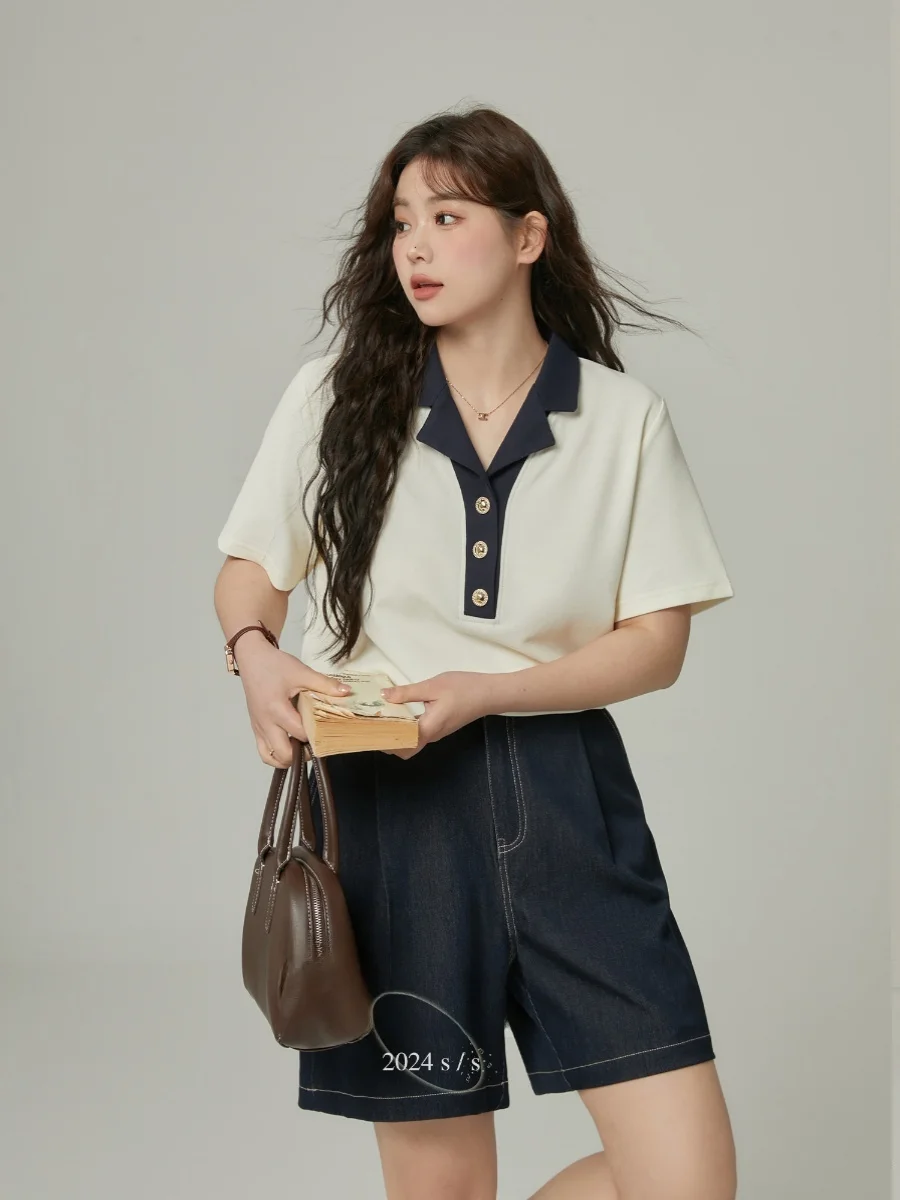 

Monika plus Size Women's Summer New Style Shirt Casual V-Neck Short Sleeve Color Block T-Shirt Loose Fit Cotton Polyester