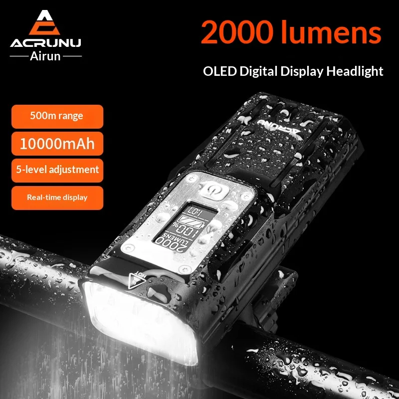 

Велосипедный передний фонарь Acrunu, 2000 люмен, 10000 мАч, USB-перезаряжаемый, водонепроницаемый, 5 режимов, OLED-дисплей, для ночной езды на горном велосипеде