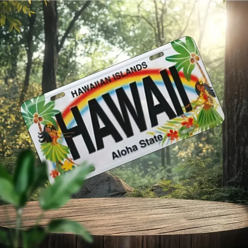 HD Aluminum Print, Vintage Hawaii Hawaiian Islands Aloha State Hula Girl Rainbow Retro License Plate Style Wall Art, High Defini