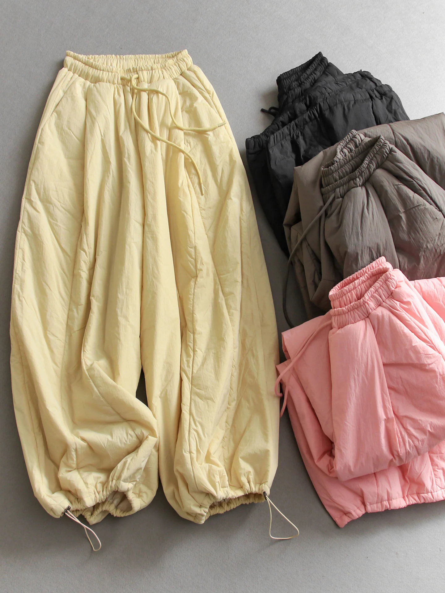 Thickened Cotton Wide Leg Pants Women's Loose Fit Drawstring Cuffed Lantern Pants Casual Warm Polyester Fiber High Waist