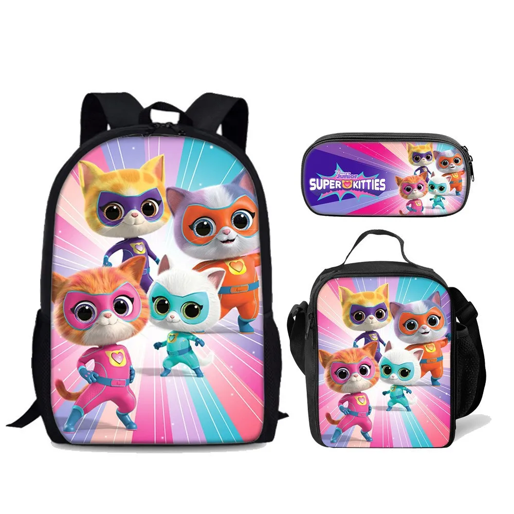 Super Kitties Elementary School Student Bag Three Piece Set Anime Cartoon Backpack Ice Bag Pen Bag