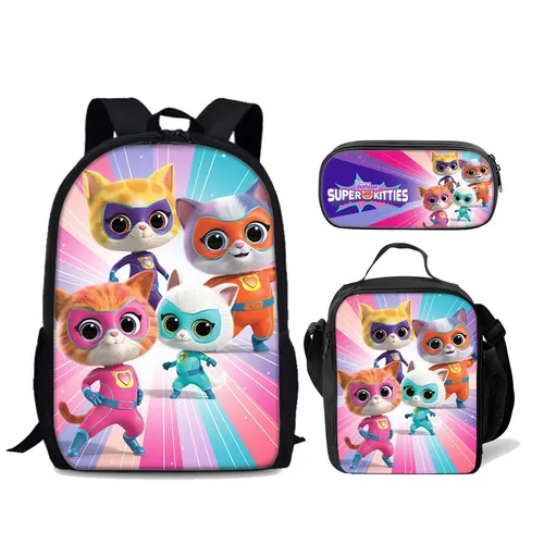 Bolsa para estudiantes de escuela primaria Super Kitties, conjunto de tres piezas, mochila de dibujos animados de Anime, bolsa de hielo, bolsa para bolígrafos