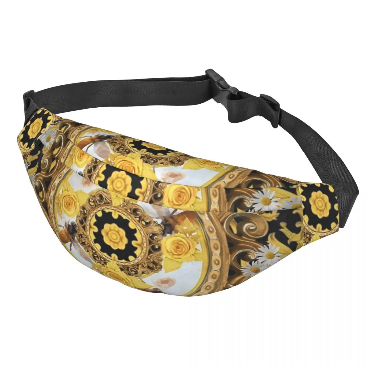 Yellow Rose And Bees Vintage Kitsch Baroque Scarves Fanny Pack Women Men Sling Crossbody Waist Bag Traveling Phone Money Pouch