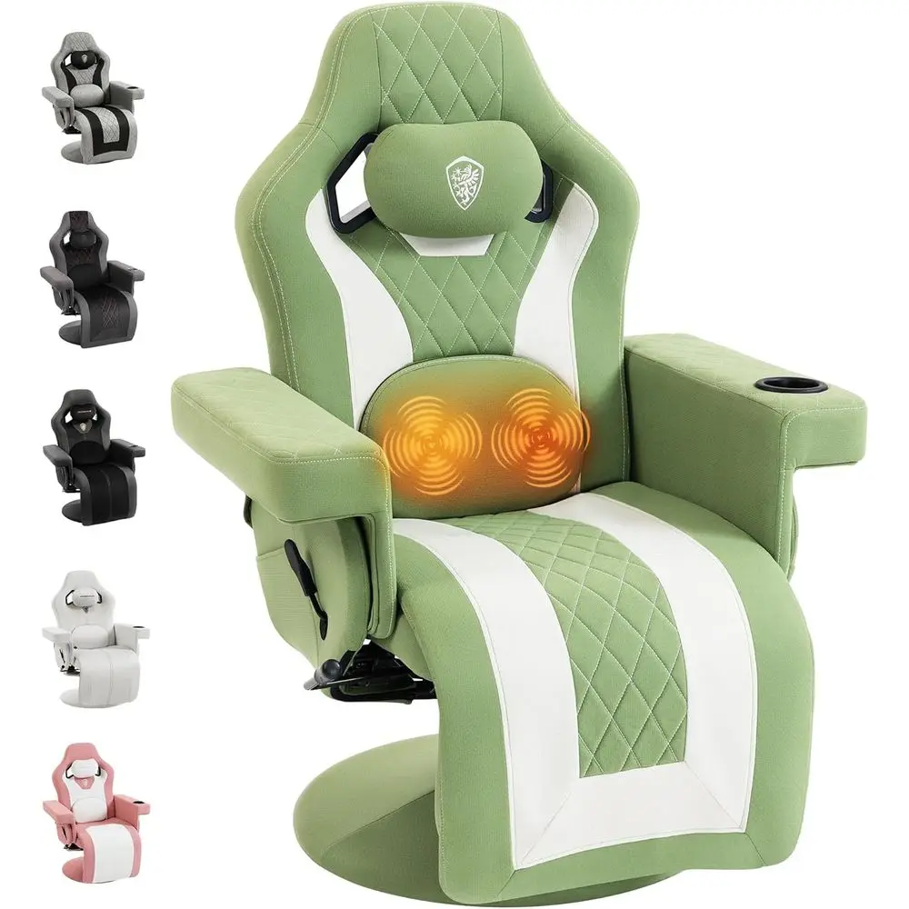 

Ergonomic High-Back Gaming Recliner with Massage, Lumbar Support, Footrest, Cup Holder, Side Pocket, Green Fabric, No Wheels