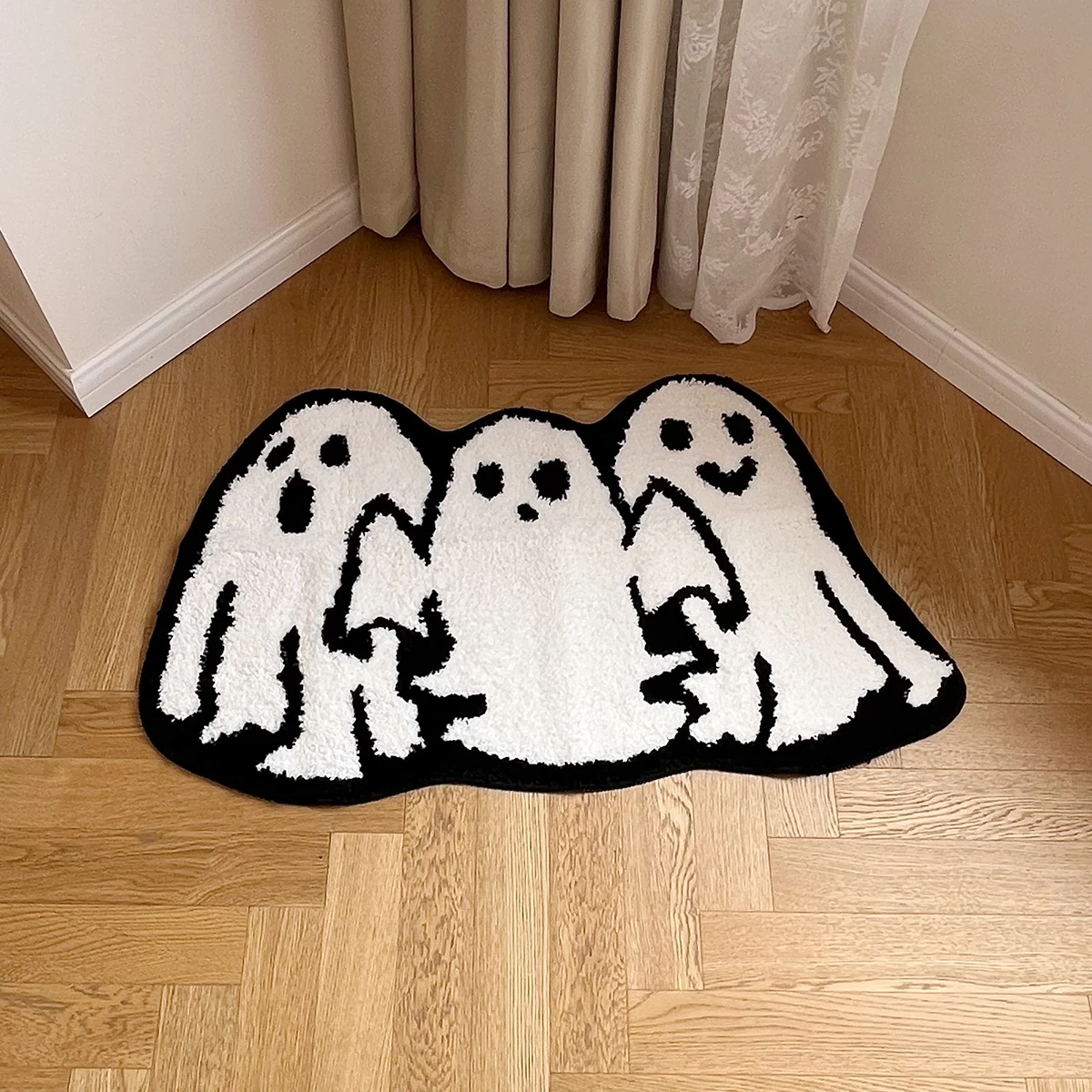 Halloween Flocking Carpet Tufted Rug with Three Ghost Shapes for Spooky Season Home Decor