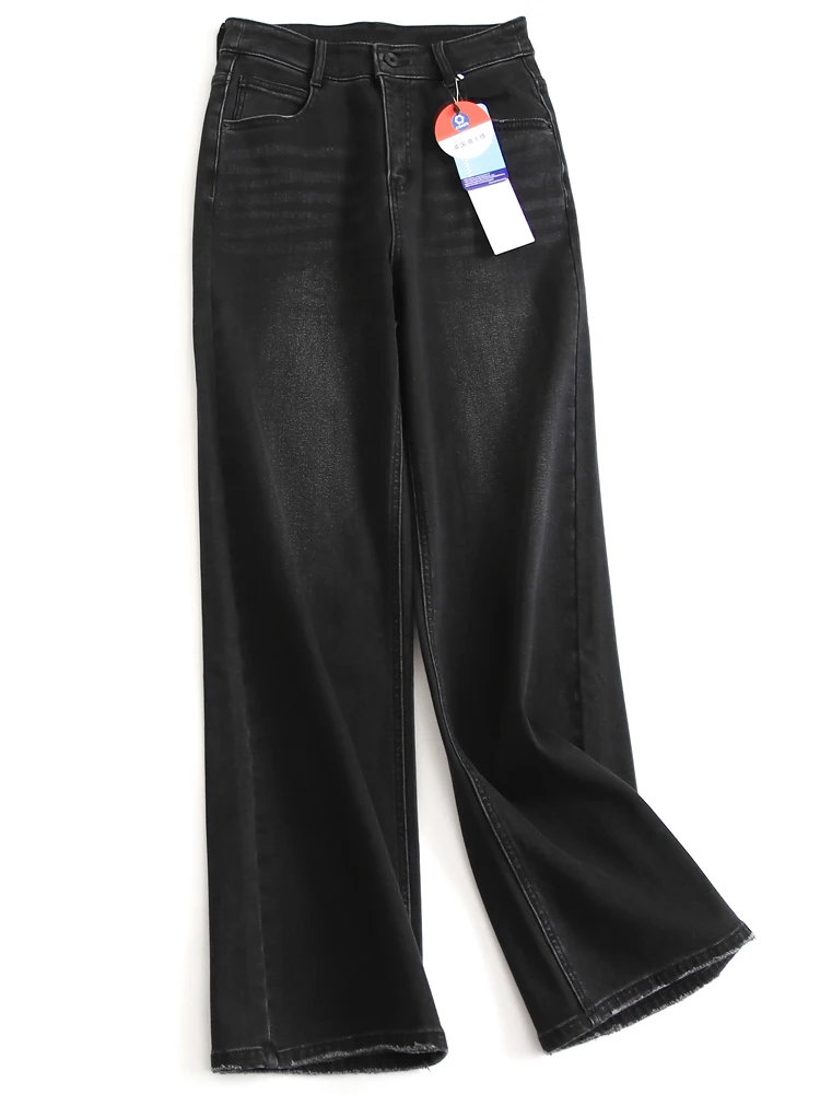 

Fleece Lined Thickened High Waist Loose Straight Leg Jeans Women's Wide Leg Pants Winter New Style H570 Black Denim Jeans