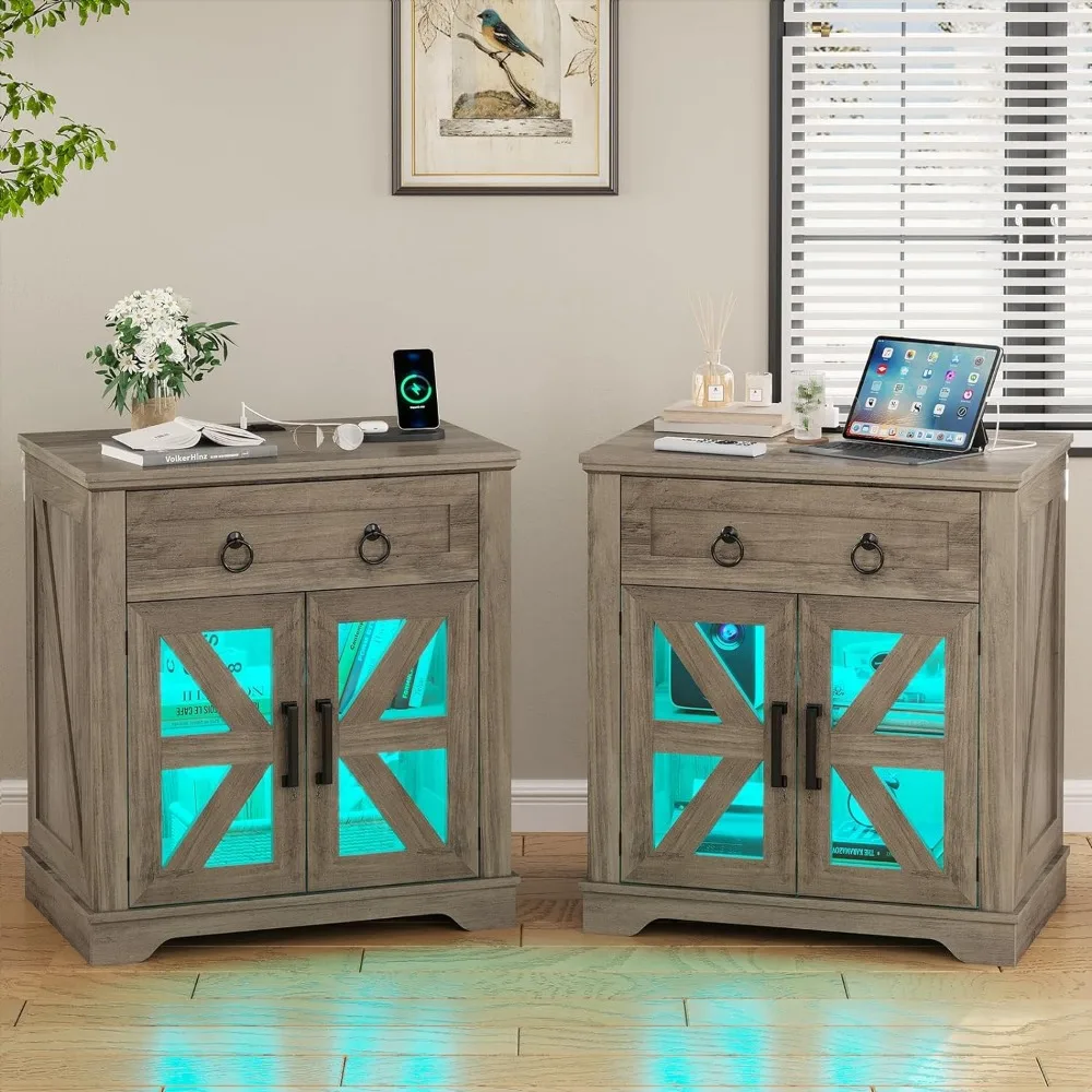 

Farmhouse LED End Tables Living Room Set of 2,Sofa Side Table with Charginoor and Adjustable Storage Shelf, Light Rustic Oak