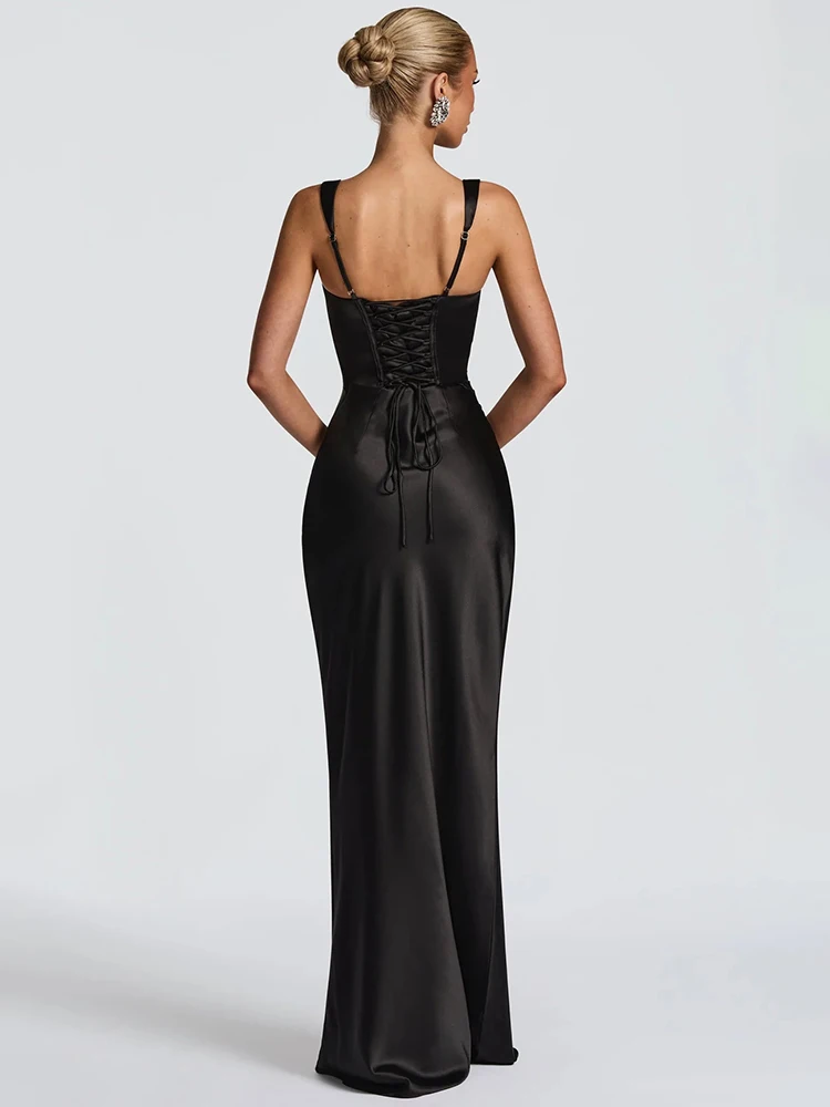 Elegant Green Satin Ribbon Backless Maxi Dress Women Solid Sleeveless  Ruched Slim Long Dress Wedding Guest Evening Party Vestido - AliExpress  200000345