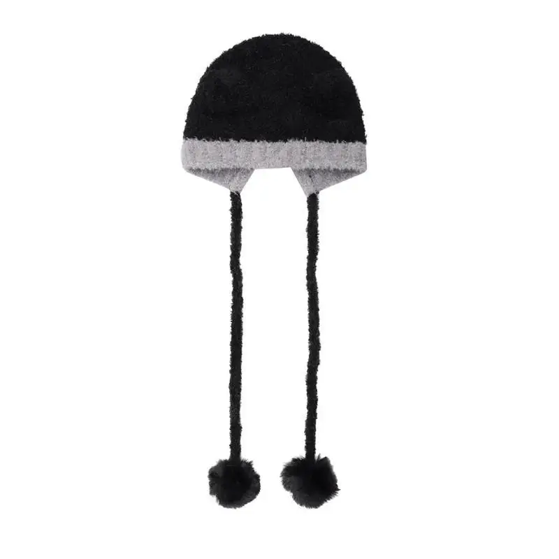 

652F Knit Color Matching Ear Hat Elastic Windproof Hat with Pompoms Decor Ear Protector Hat Winter Cycling Skiing Hat