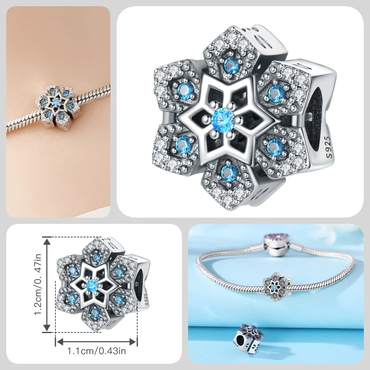 Original 925 Sterling Silber Zirkon Schneeflocken-Charm-Anhänger DIY Perle Passend für Armband Halskette Schmuck Feiertagsgeschenke für Frauen – Detail 5