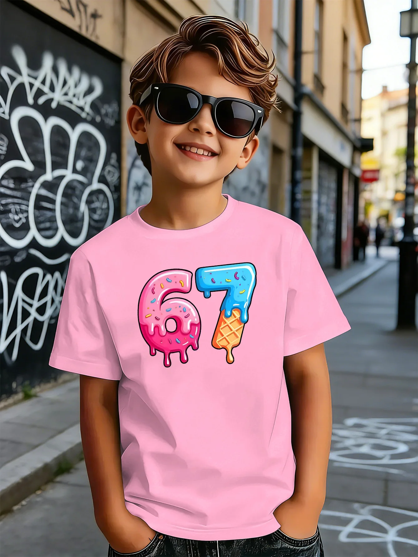 Cute Ice Cream Number 67 Graphic Kids Tee Boys Girls Cotton Family Summer Soft Breathable Casual Unisex Kids Short Sleeve Shirts