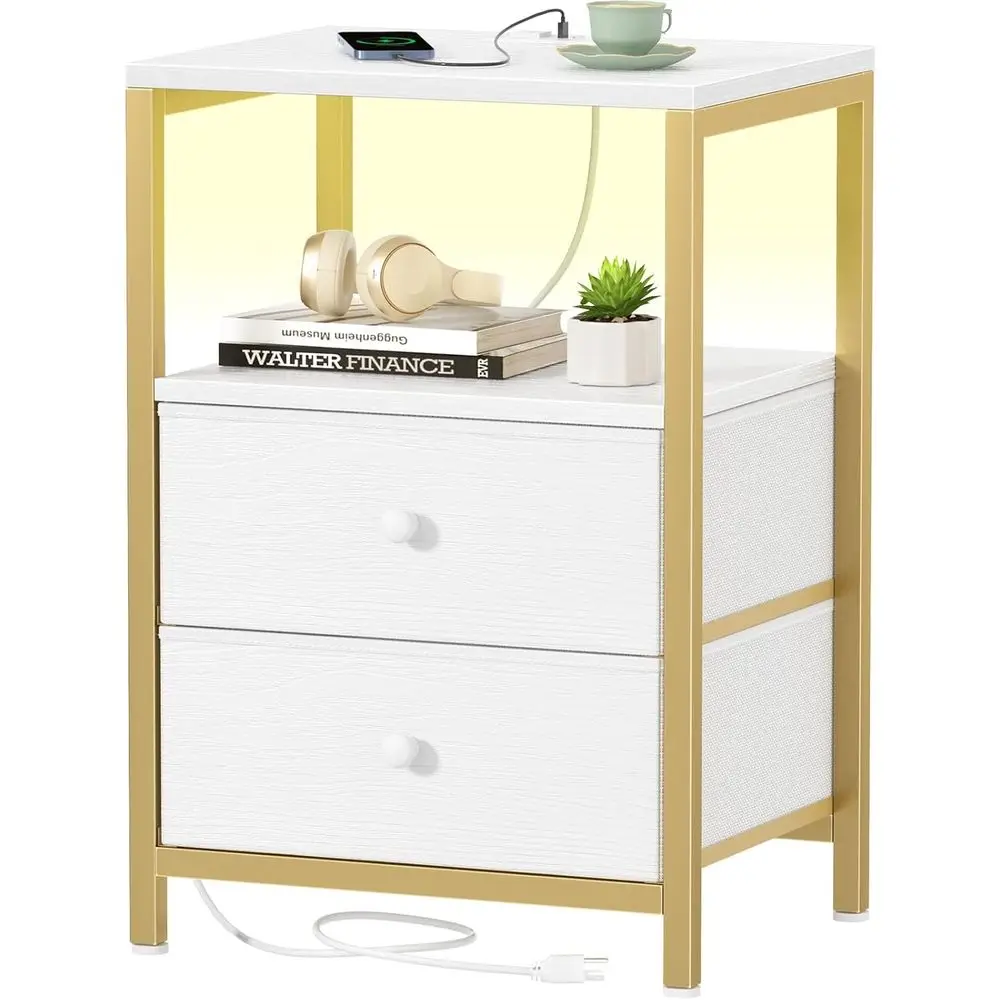 

Contemporary Nightstand with Charging Dock, LED-lit Table with Fabric Drawers, USB and Outlets for Bedroom