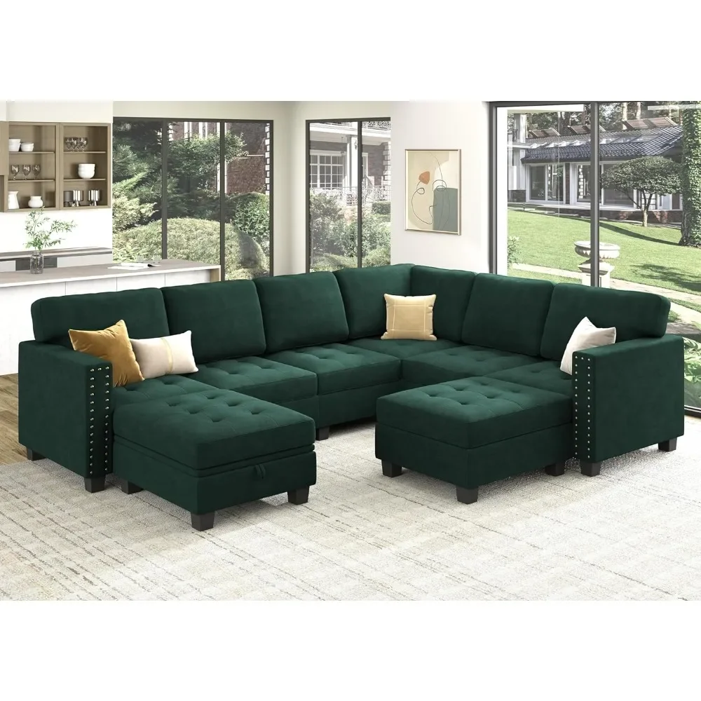 

Velvet Modular Sectional Sofa, Convertible L Shaped Sofa Couch with Storage Top Tray Ottoman Corner Sectional Couch, Green