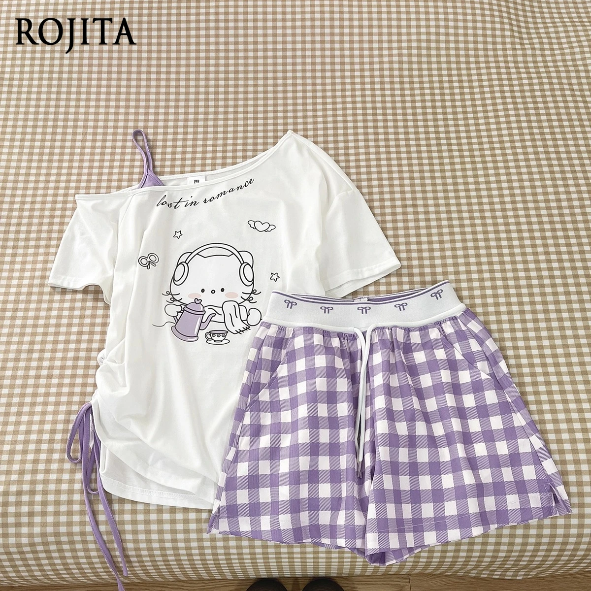 

Cartoon Irregular Top Summer White Off-Shoulder Loose Short Sleeve T-Shirt Women Purple Plaid Casual Shorts Sets 2025 New