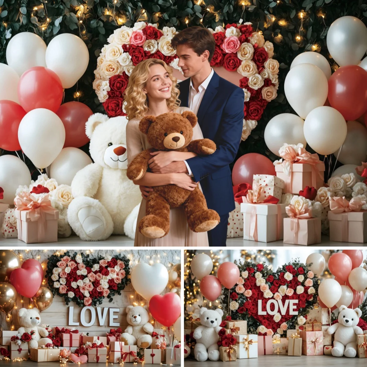 

Valentine's Day Photography Backdrop Romantic Rose Love Heart Balloons Teddy Bear February 14th Couple Portrait Photo Background