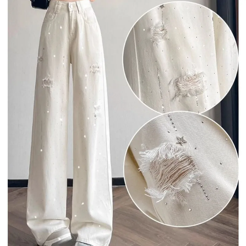 

Белые широкие джинсы, женские супер популярные рваные брюки, летние брюки с высокой талией, обвисающие напольные брюки