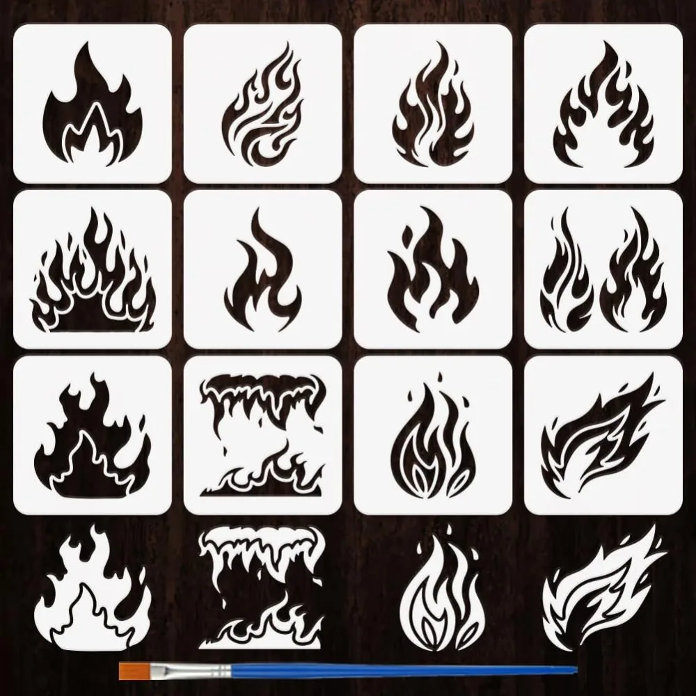 12PCS Flame Painting Stencil with Paint Brush 3.9x3.9inch Reusable Fire Pattern Drawing Template Decorative Flame Silhouette