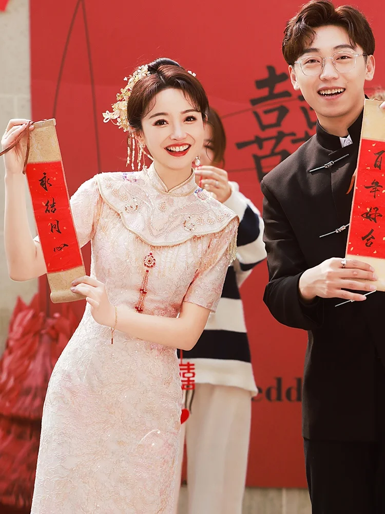 

Ele Chinese Sle Lace Embroidered Wedding Dr ort Sve Mid-Length Bodycon Gown for Wedding Par Performance Daily...