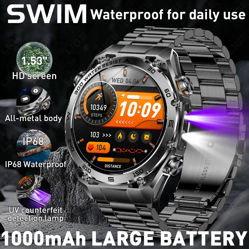 1000mAh Large Battery 2026 Smart Watch 1.53" Flashlight Outd