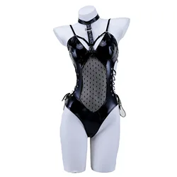 Succubus Cospaly Costumes Sling Sexy Leather Bodysuit Women Mesh Wave point Transparent Nightdress Underwear Outfits Halloween