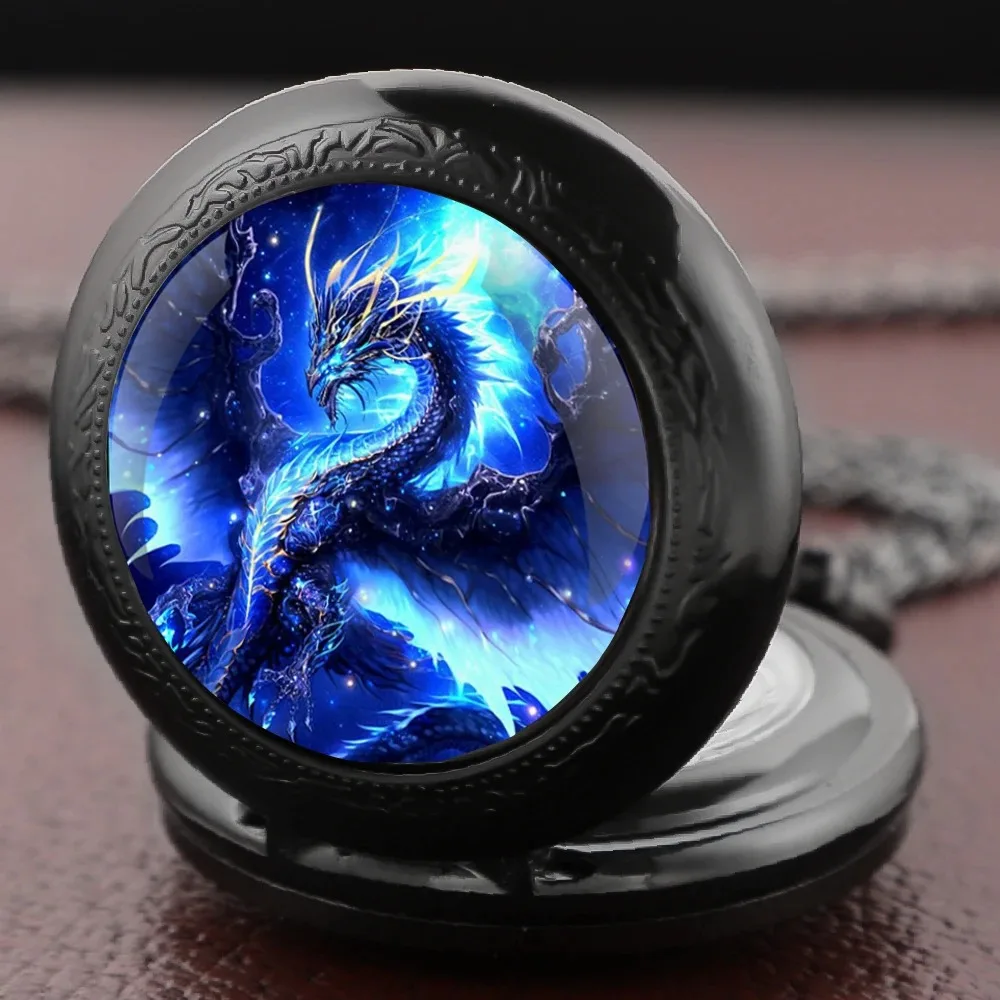 Cool Dragon Glass Dome Pocket Watch Vintage Fashion Boys Girls Necklace Pendant Clock Kids Exquisite Gifts Reloj De Bolsillo
