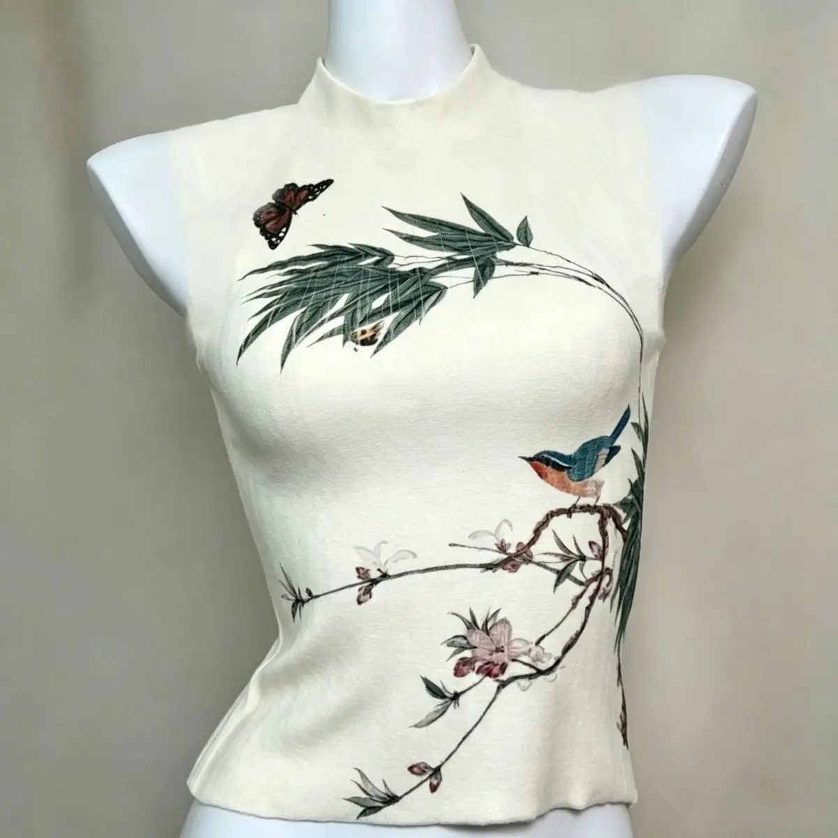 New Chinese Style Vintage Floral Bird Print Stand Collar Sleeveless Top Half Skirt Two Piece Set Slimming Long Skirt Autumn F...