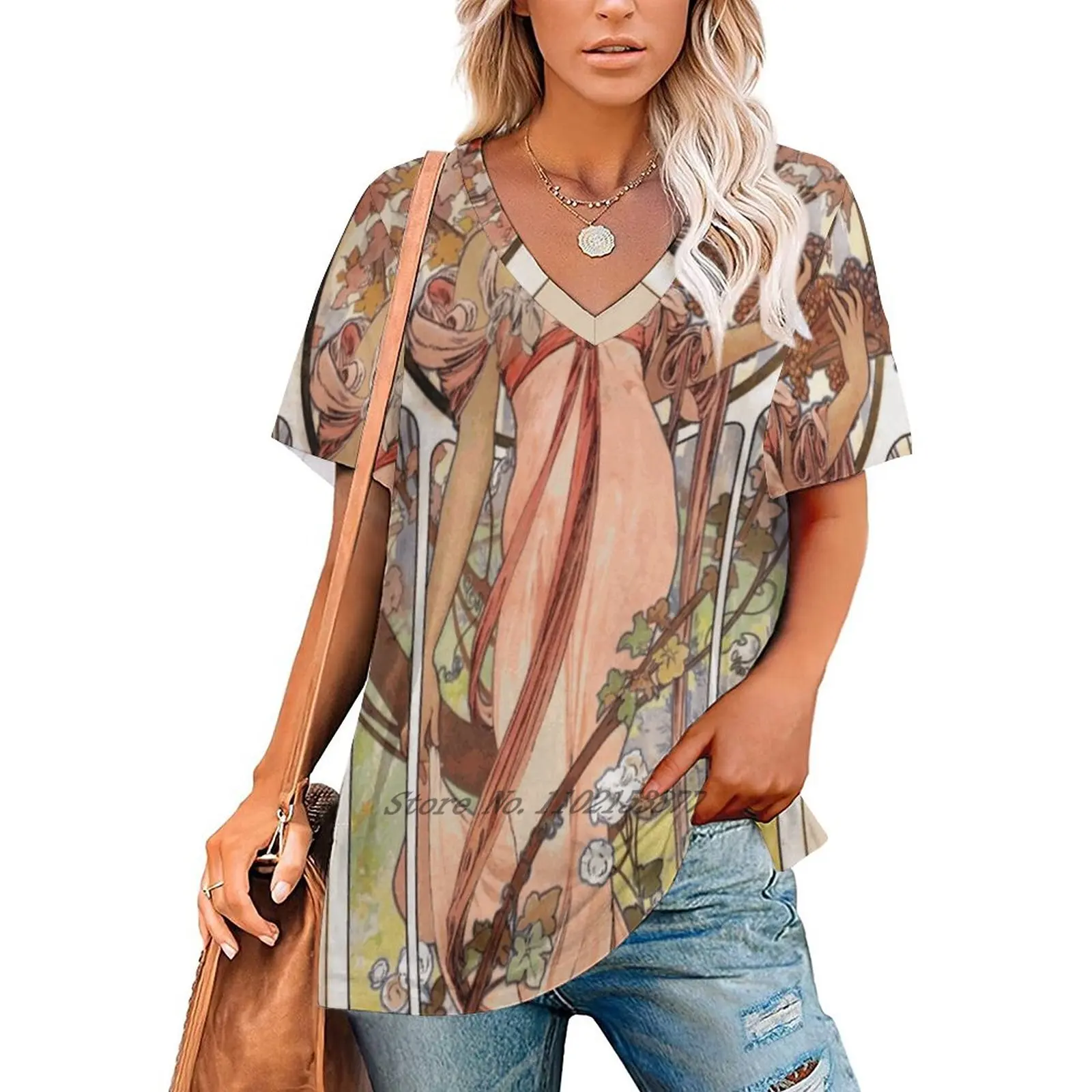 Alphonse Mucha - Woman In Vineyard With Flowers Women's T-Shirt Casual Short Sleeved Tops V-Neck Zipper Tee Ladies Loose T