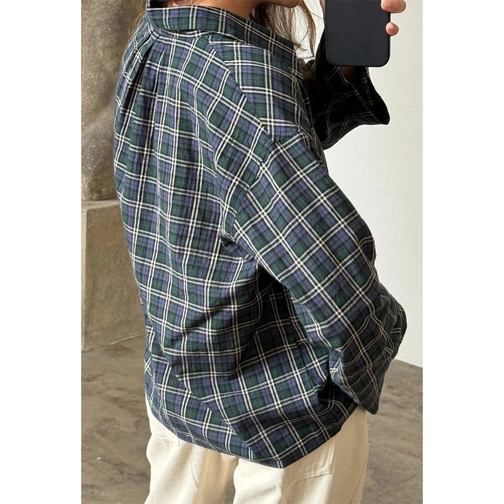 

Vintage Striped Plaid Button Down Shirts for Women Oversized Y2K Aesthetic Long Sleeve Blouse Turn-down Collared Shirts Tops