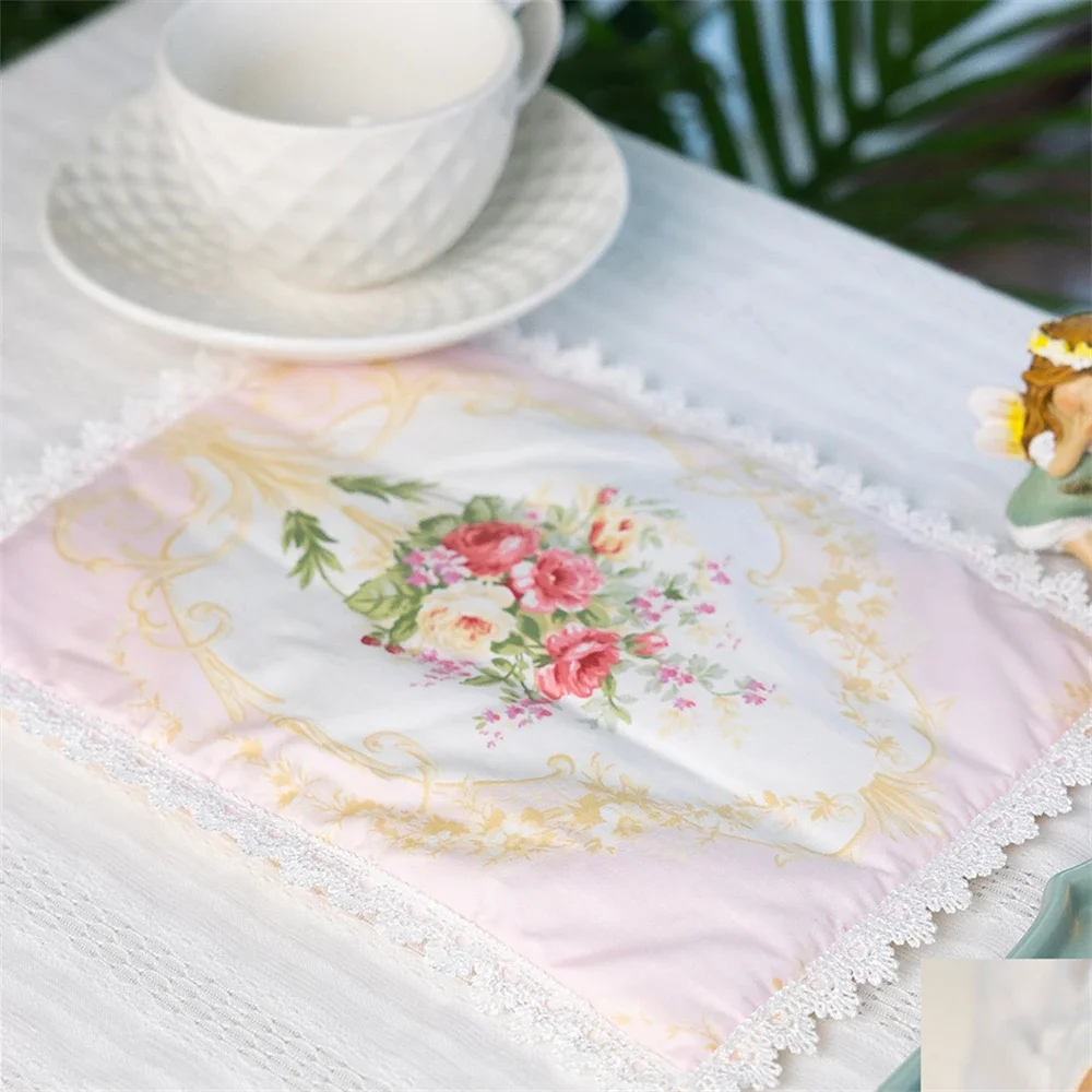 French Retro Square Placemat With Lace Clip And Cotton Shaped Placemat Home Romantic Rose Print Countryside Style Placemat