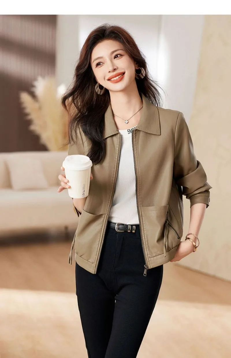New 2026 Temperament PU Leather Jacket Women's Autumn Lapel Loose Motorcycle Jacket Ladies Casual Female Outwear Overcoat