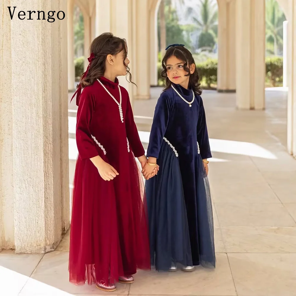 

Verngo Red/Black Velvet Kids Formal Outfit O Neck Full Sleeves A Line Sequined Elegant Party Dresses For Girls Arabia Customized