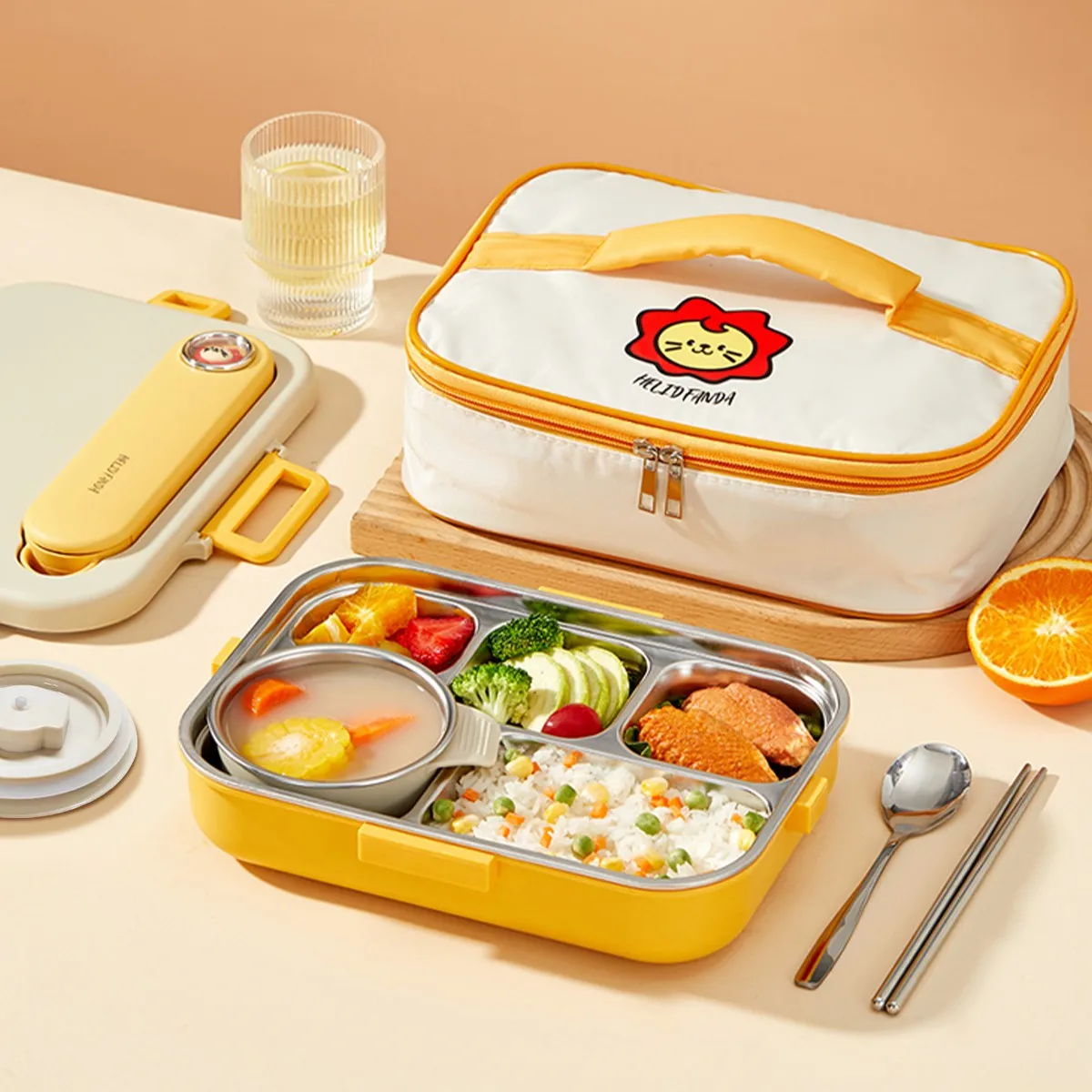 304 Stainless Steel Divided Bento Lunch Box Set For Students Heatable 4/5 Grids Leak-proof  Food Container With Bowl & Cutlery