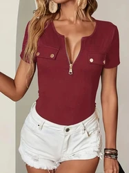 Spring and Summer Ladies all-color Fashion Zips Slim T-shirt spring and summer casual short-sleeved T-shirt