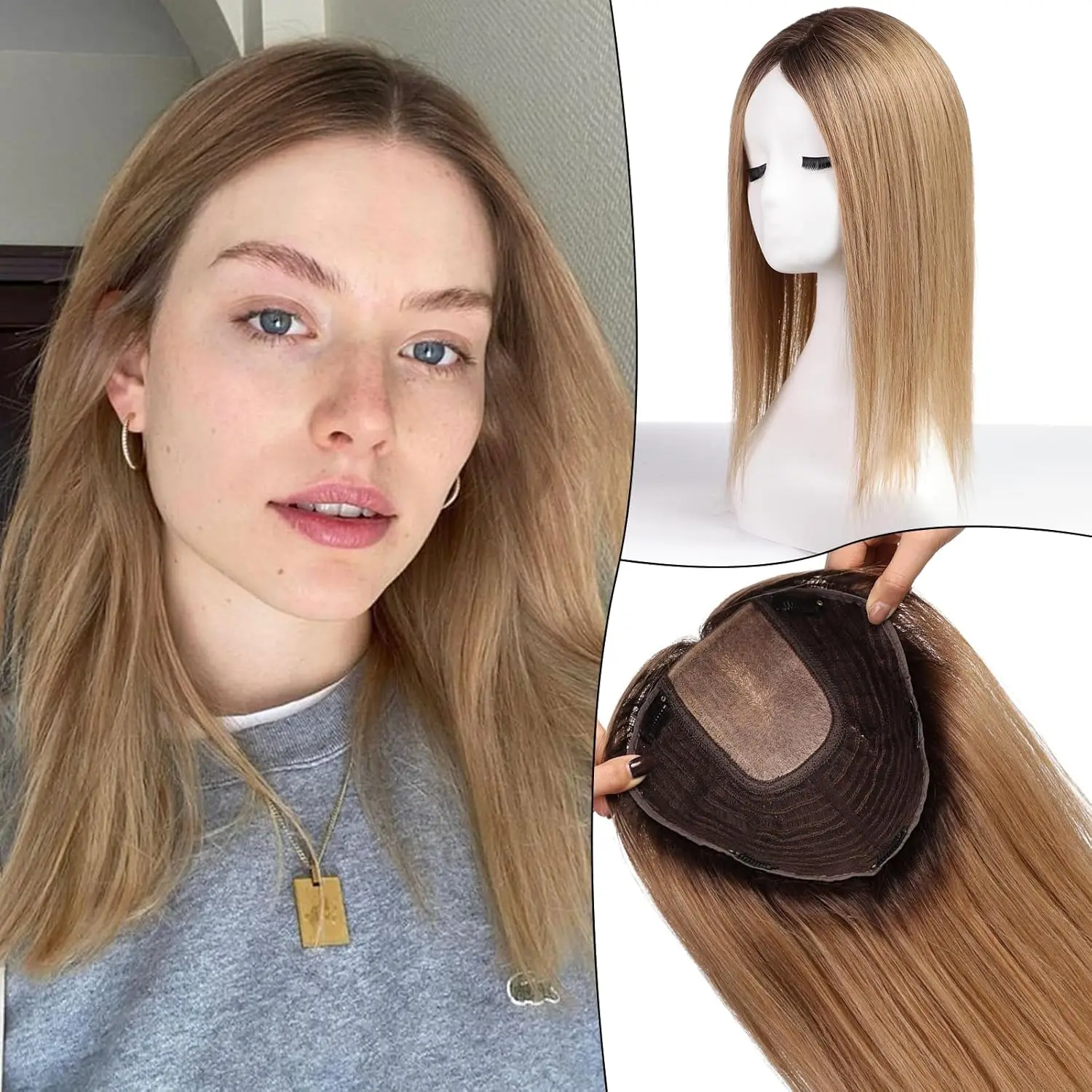 Toppers de cabelo de 16 polegadas para mulheres, 9x9 polegadas, base grande, peças de cabelo, cinza, marrom, ombre, cabelo humano, com vários clipes antiderrapantes