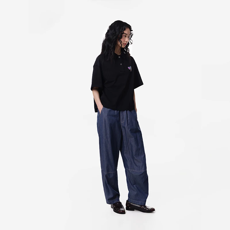 MOVEUP Casual Denim Straight Pants 2026 Summer New Loose Elastic Waist Multi Pocket Casual Commuting Trousers Women 3ELX40304