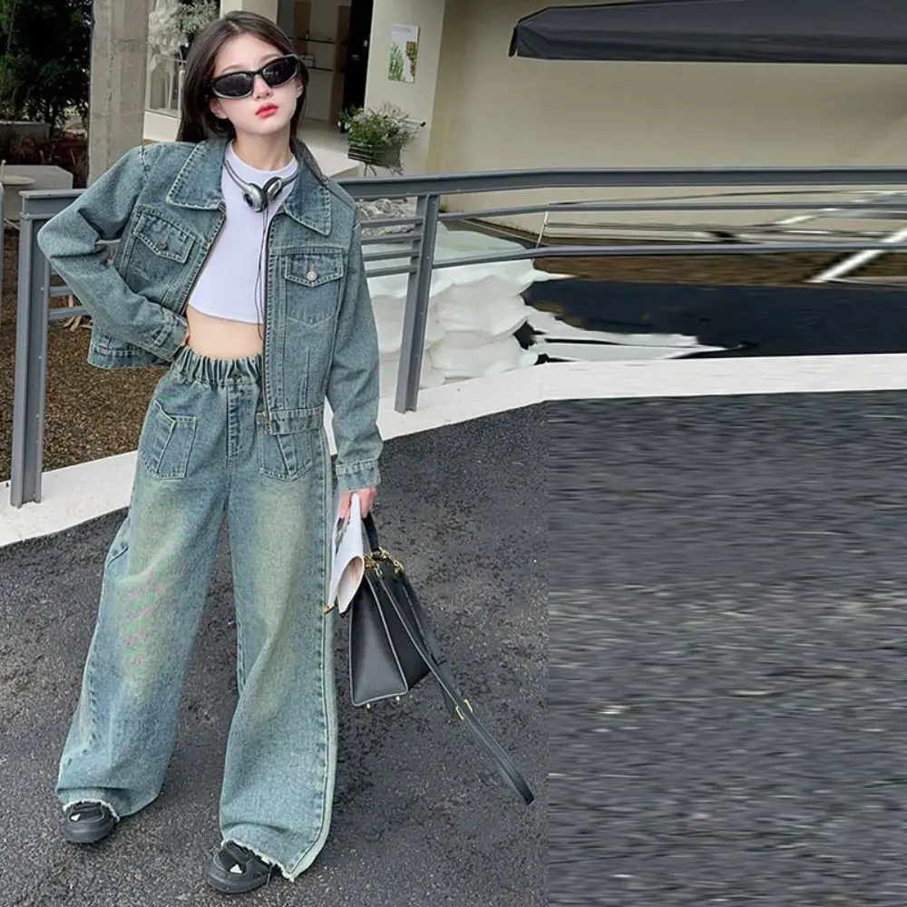 

Two Pieces Set Y2K Children Cowboy Set Wide Leg Pants Teens Jeans Jacket Suit Retro Loose Girls Clothes Set Summer Autumn