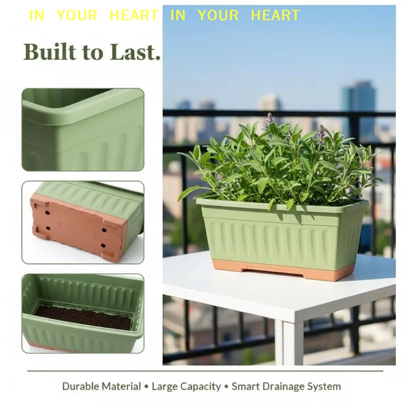 【X】Rectangle Plastic Flower Pot 1Pcs With Drainage Simple Design Planter For Indoor Outdoor Window Decoration