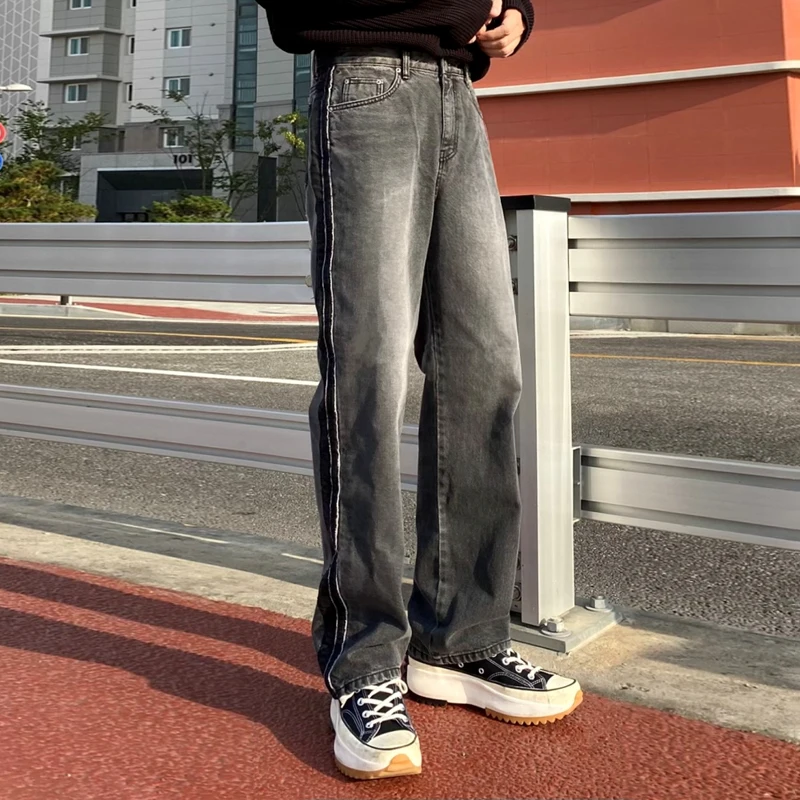 

MRCYC Men's Loose Straight Leg Bla Jeans Korean Sle Trendy Floor-Length Pants Casual Cotton Polyester Blend