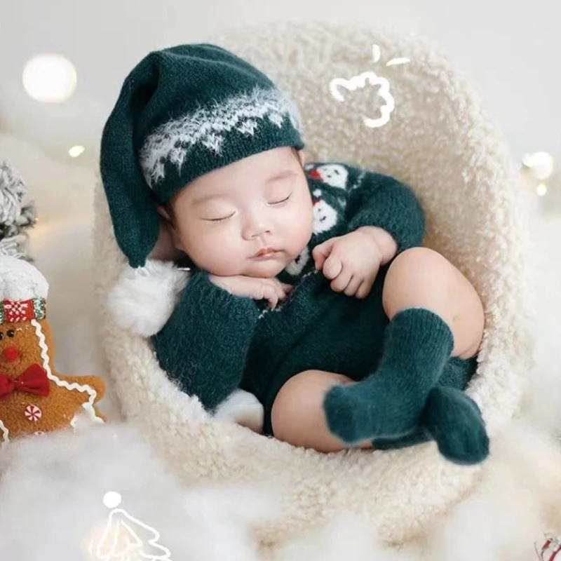 Conjunto fotografía punto para bebé recién nacido, mameluco diseño único con gorro y calcetines para fotos cálidas y