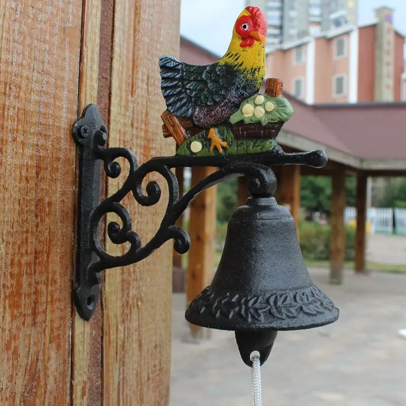 American country wall cast iron painted hen doorbell hand ring bell Wrought iron patio mural hanging ornament