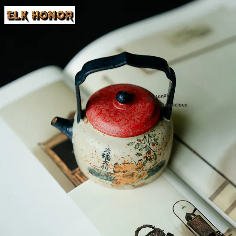 Imagen 6: Tetera con mango de elevación de gato pintada a mano de 110ml, tetera con Infusor de té antiguo, tetera para preparar té con colador, juego de té chino artesanal