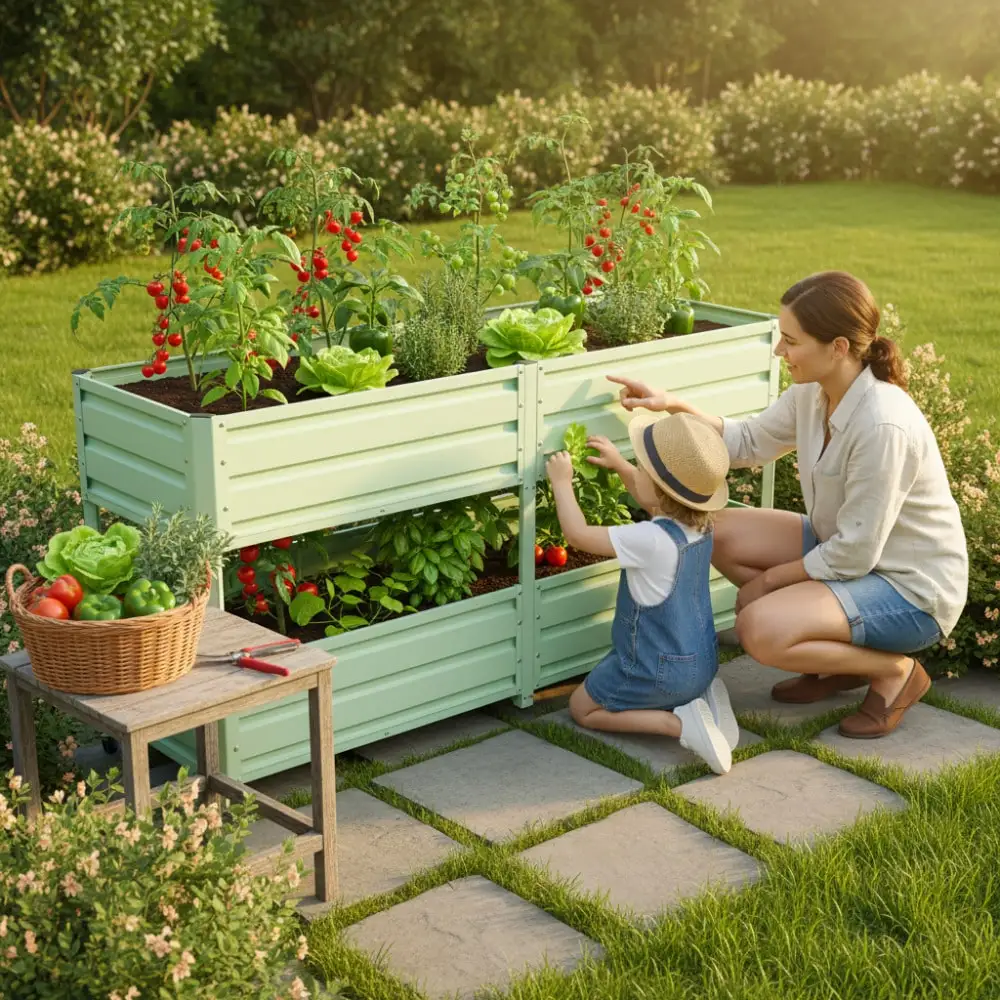 Dual Tier Elevated Metal Raised Garden Bed With Lockable Wheels & Lower Storage Shelf, Dark Gray Staggered Raised Planter Box For Vegetables Herbs Flowers, Outdoor Patio Backyard Raised Planting BedGardening Pots, Planters & Accessories