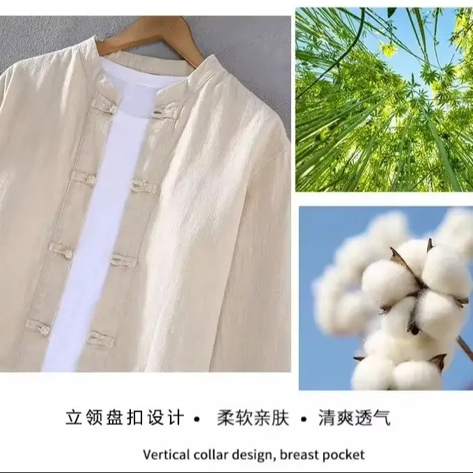 Vintage Tang Suit Top for Men Chinese Style Taoist Tai Chi Exercises Man Shirts Casual Long Sleeve Cotton Linen Shirt Breathable