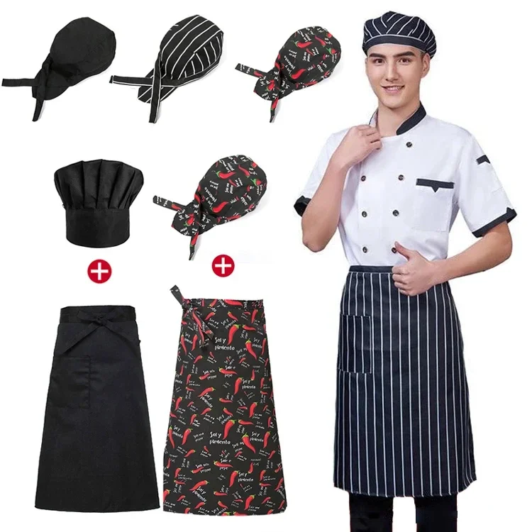 Delantal de chef de cocina para hombre y mujer, conjunto de gorro de Catering para Hotel, restaurante, trabajo de cocina, panadería, cafetería, sombrero de camarero