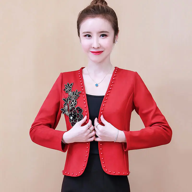 Autumn Spring Beading Blazer Jackets Women Casual Long Sleeve Slim Suit Coat Office Lady Blazer Thick Outwear Plus Size 4XL Tops