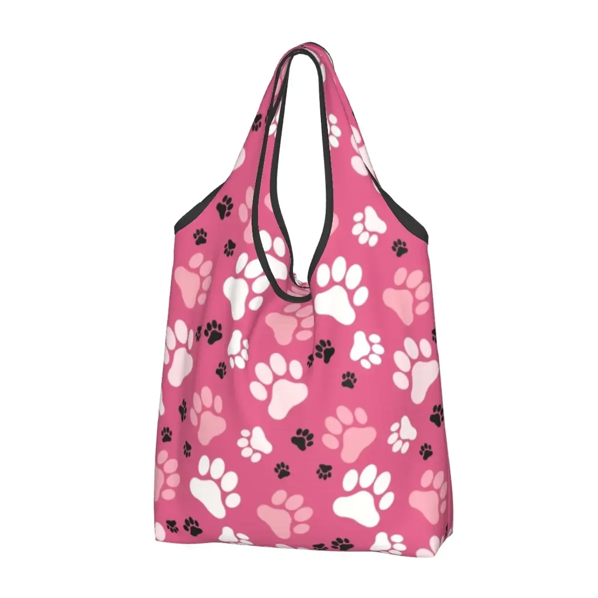 Fashion Paw Prints Pink Shopping Tote Bags Portable Colorful Floral Pretty Groceries Shopper Shoulder Bag