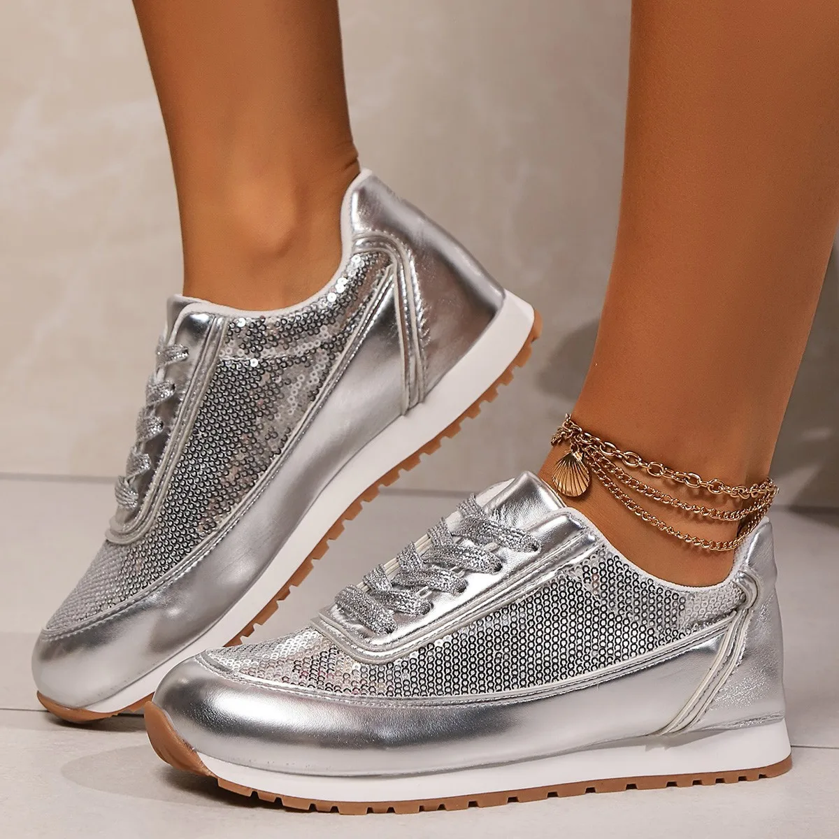 Sequined Sneakers Women Shoes Autumn Platform Non-slip Womens Walking Casual Shoes Silver Breathable Shoes for Women Big Size 43