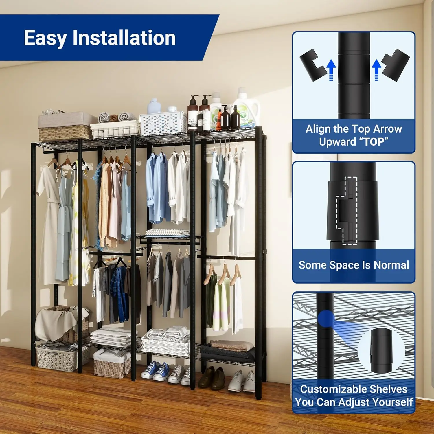 Heavy Duty Clothes Rack with Five Hanger Rods, Freestanding Metal Wardrobe Storage Rack with Adjustable 5 Tiers Wire Shelving